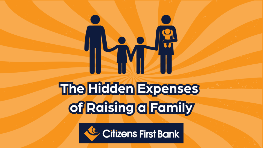 A family holding hands with a spiral background displaying the Citizens First Bank logo below.